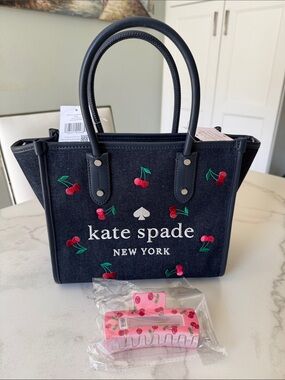 Kate Spade Denim Ella Cherry Embroidery Satchel Handbag